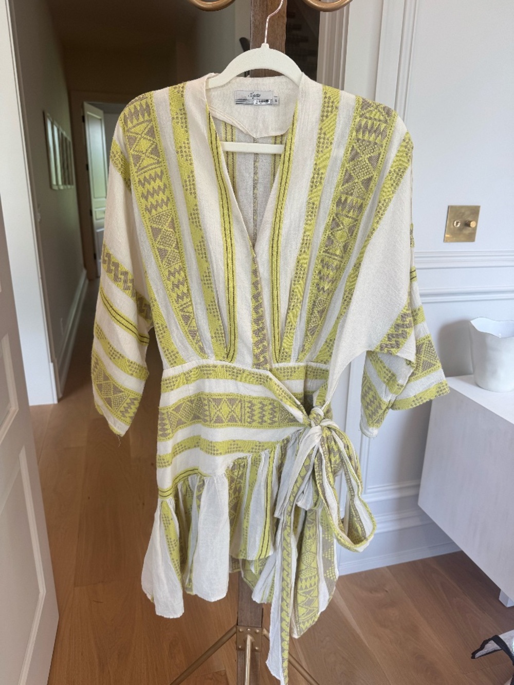 Indah Ivory & Lime Stripe Wrap Mini Dress Cover Up XS